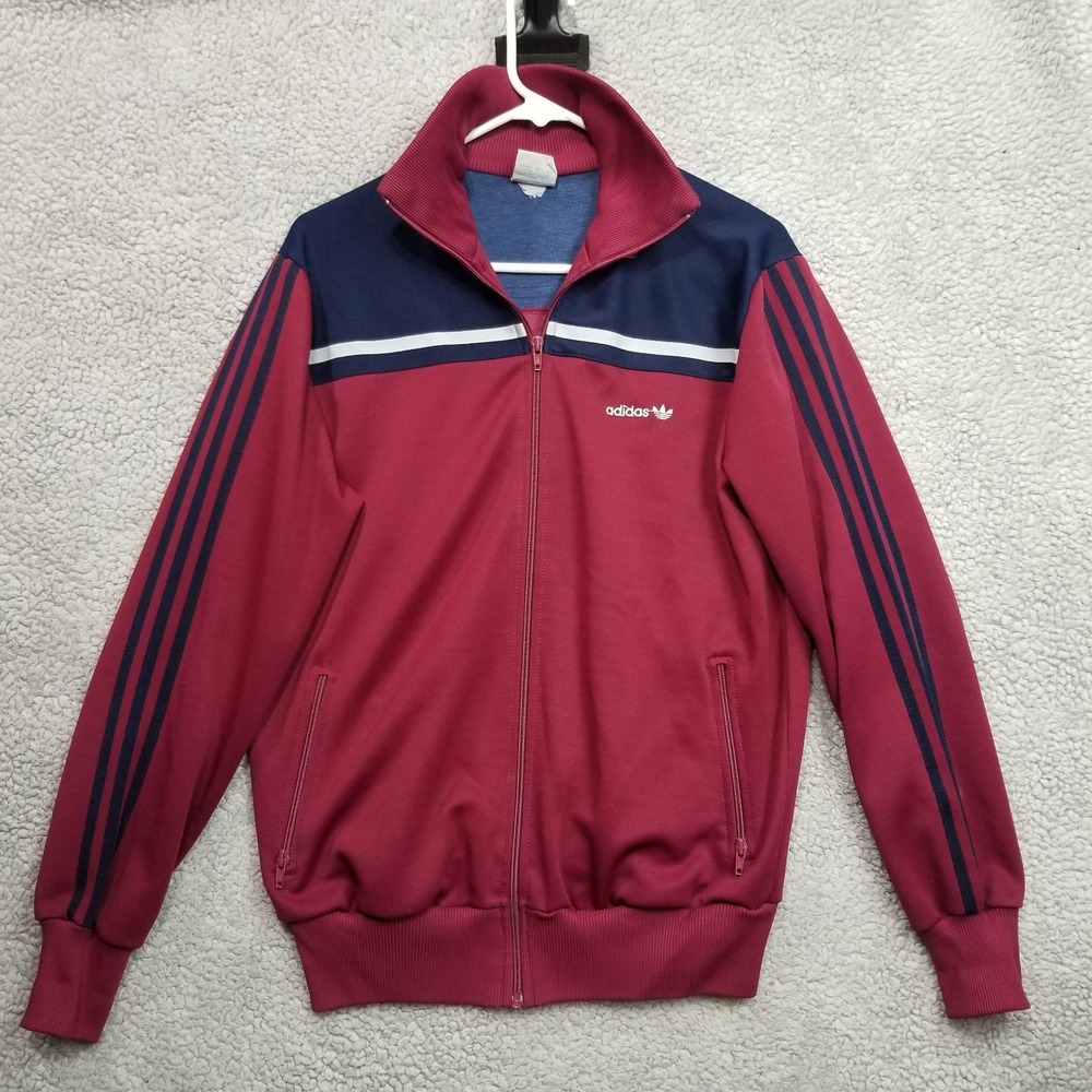 Vintage 80s Adidas Trefoil Warm Up Track Jacket M Red Navy Blue Cotton Blend